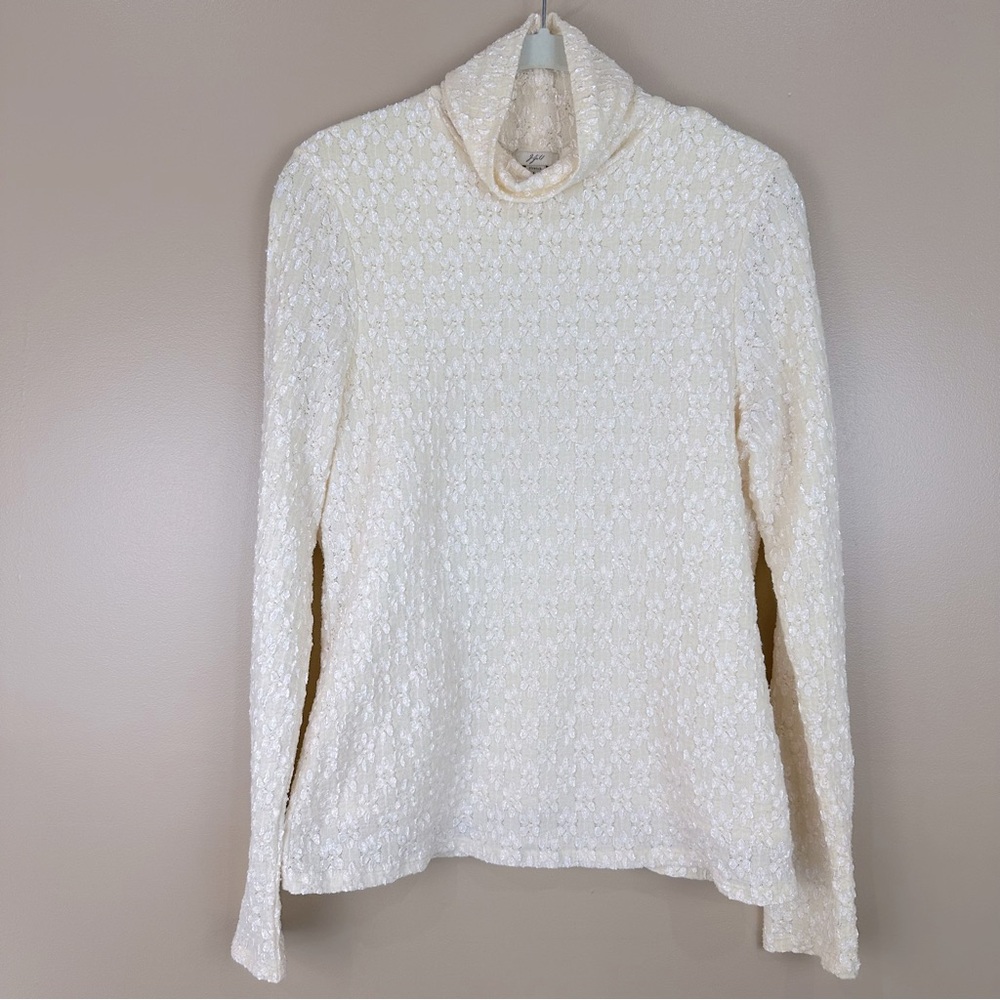 J Jill Vintage Ivory Floral Lace Stretch Crinkle Turtleneck Top Large Neutral